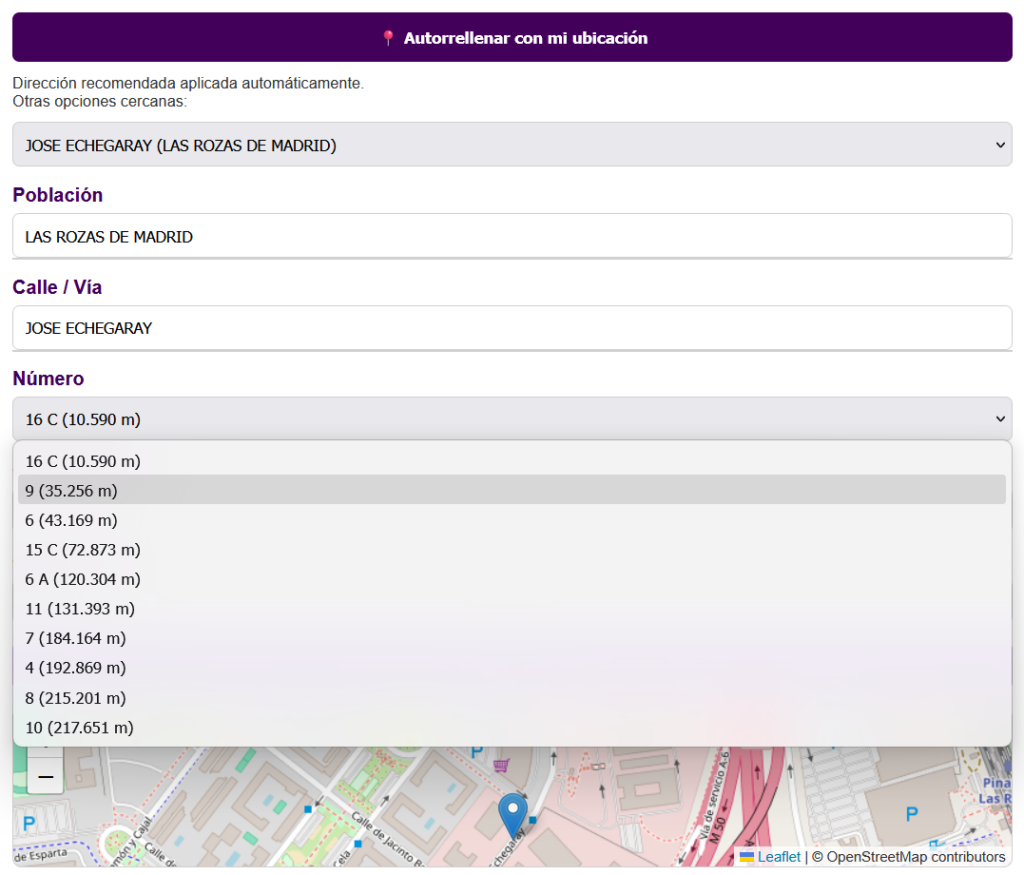 Image of the field to enter your address with a drop-down menu of options to choose from in the MyDataQ reverse geocoding module